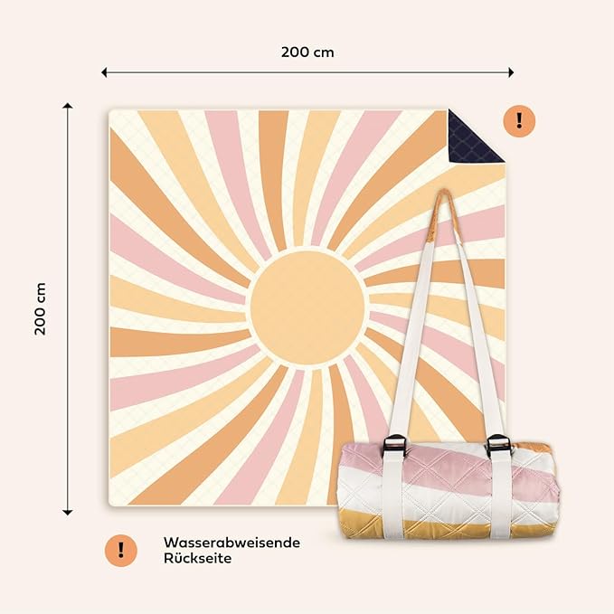 NAYA STUDIOS® Picnic Blankets (Sun) - Extra Large Picnic Blanket 200 x 200 cm - Washable Camping Blanket - Beach Blanket XXL - Picnic Blanket Waterproof - Blanket Outdoor - Beach Mat Padded - Image 2