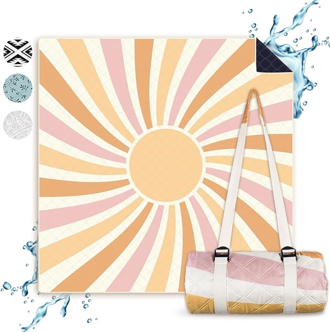 NAYA STUDIOS® Picnic Blankets (Sun) - Extra Large Picnic Blanket 200 x 200 cm - Washable Camping Blanket - Beach Blanket XXL - Picnic Blanket Waterproof - Blanket Outdoor - Beach Mat Padded