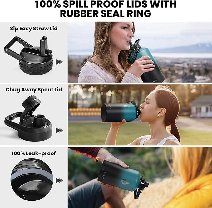 One Gallon Water Bottle Insulated, Triple Walled Vacuum Stainless Steel (Cold for 48 Hrs), Leak Proof & Non-BPA, Large Water Flask Jug with Paracord Handle & Straw Spout Lids - Image 4