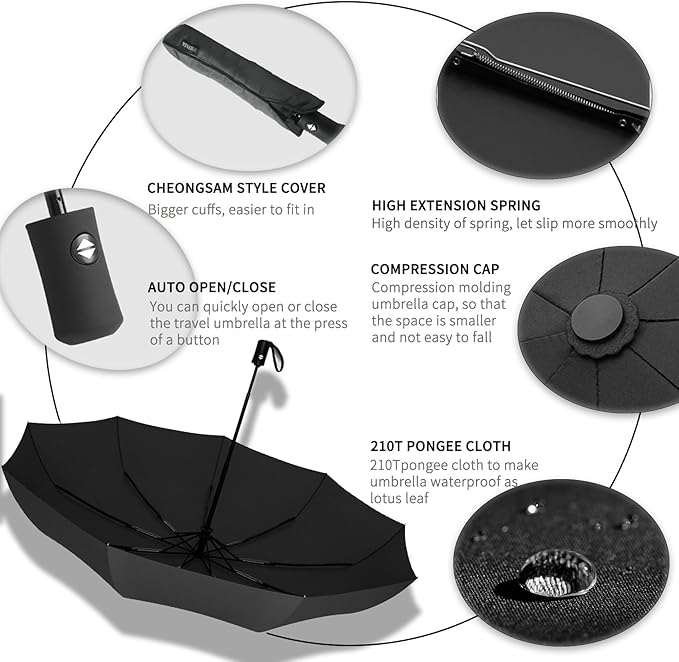 SIEPASA Compact Travel Umbrella - Windproof Auto Open/Close, Small Folding Umbrella for Rain - Lightweight & Durable with Fiberglass Frame, Waterproof Canopy - Fits Backpack, Purse, Suitcase. (Black) - Image 4