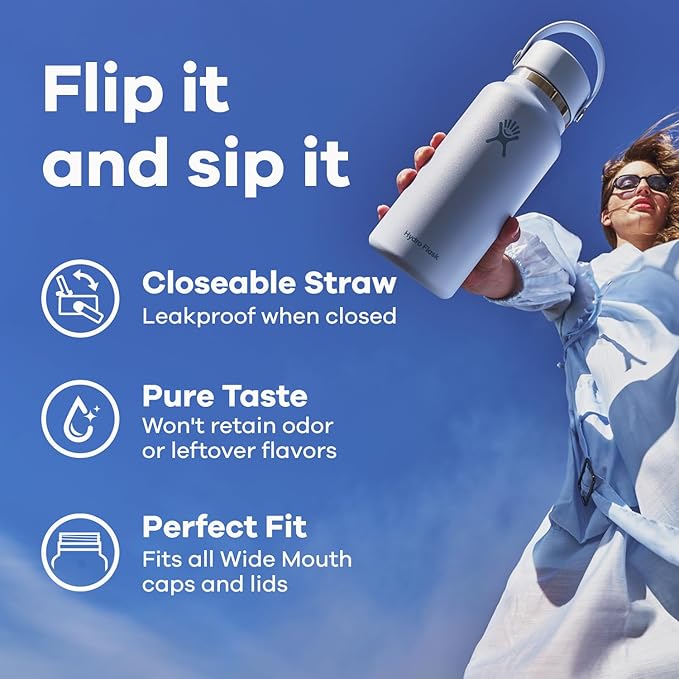 HYDRO FLASK Wide Mouth vacuum insulated stainless steel water bottle with leakproof closeable straw lid for cold water drinks, sports, travel, car and school - Image 2