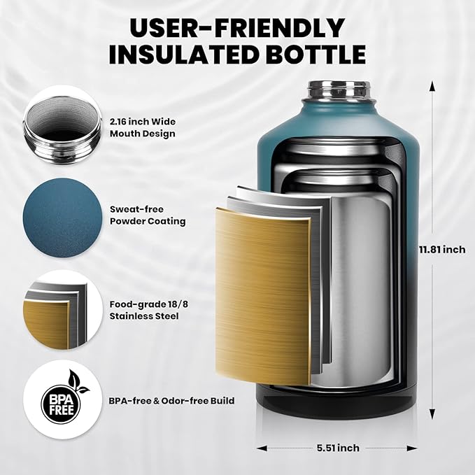 One Gallon Water Bottle Insulated, Triple Walled Vacuum Stainless Steel (Cold for 48 Hrs), Leak Proof & Non-BPA, Large Water Flask Jug with Paracord Handle & Straw Spout Lids - Image 2